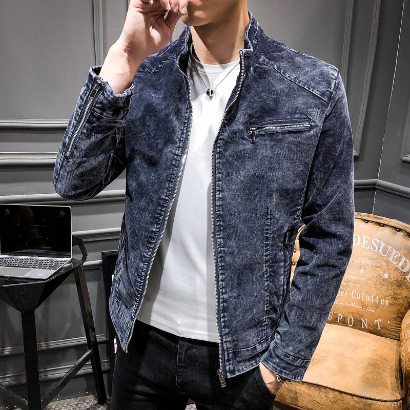 Vintage Denimjakke Til Mænd Casual Jakke Trend Ensfarvet