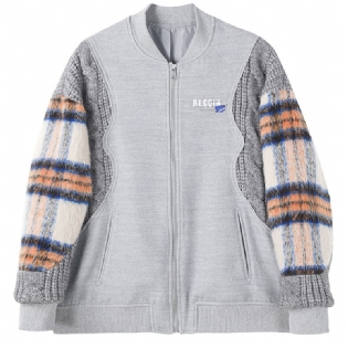 Vintage Jakke Dame 2023 Uregelmæssig Syning Plaid Strikning Løs