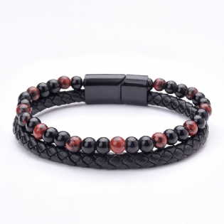 Volcanic Natural Stone Tiger Eye Beaded Armbånd Herre Læder Reb Agate