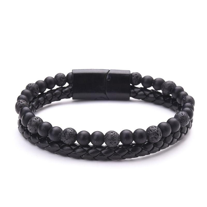 Volcanic Natural Stone Tiger Eye Beaded Armbånd Herre Læder Reb Agate
