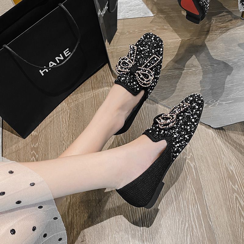 Flade Sko Kvinders 2023 Forår Ny Sløjfe Elegante Sko Rhinestones Slip-on Peas Sko