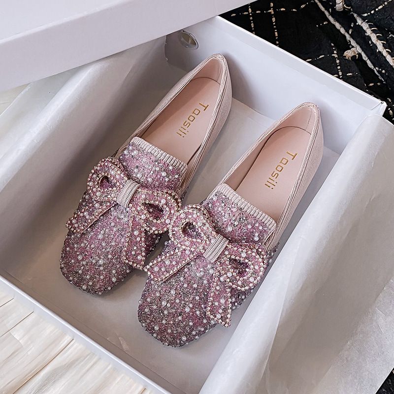 Flade Sko Kvinders 2023 Forår Ny Sløjfe Elegante Sko Rhinestones Slip-on Peas Sko