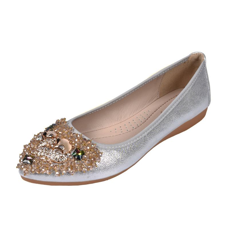 Rhinestone Æggerulle Blød Bund Stor Størrelse Damesko 4143 Moderærter Sko Ballet Sløjfe Flade Sko