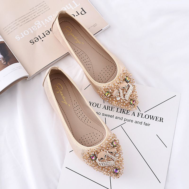 Rhinestone Æggerulle Blød Bund Stor Størrelse Damesko 4143 Moderærter Sko Ballet Sløjfe Flade Sko