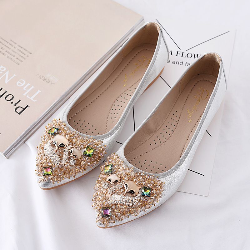 Rhinestone Æggerulle Blød Bund Stor Størrelse Damesko 4143 Moderærter Sko Ballet Sløjfe Flade Sko