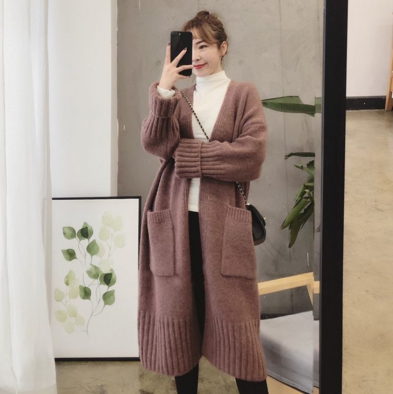 2023 Damestrikket Cardigan Løs Mellemlang Tyk Sweaterfrakke