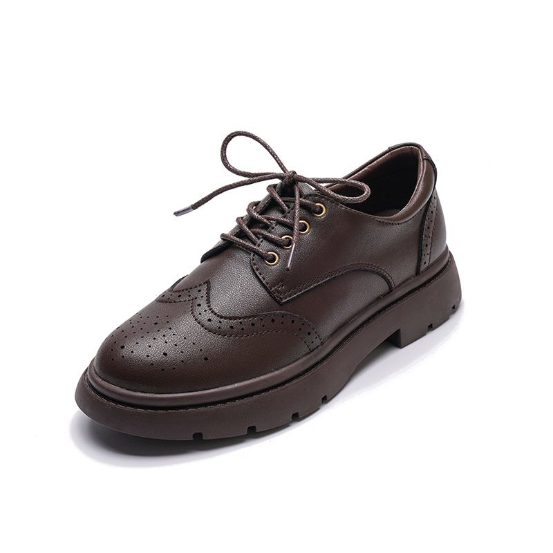 Brune Tyksålede Læder Loafers Damesnøre Retro Brogue Sko College Flade Sko 2023 Forår Og Efterår Ny Stil