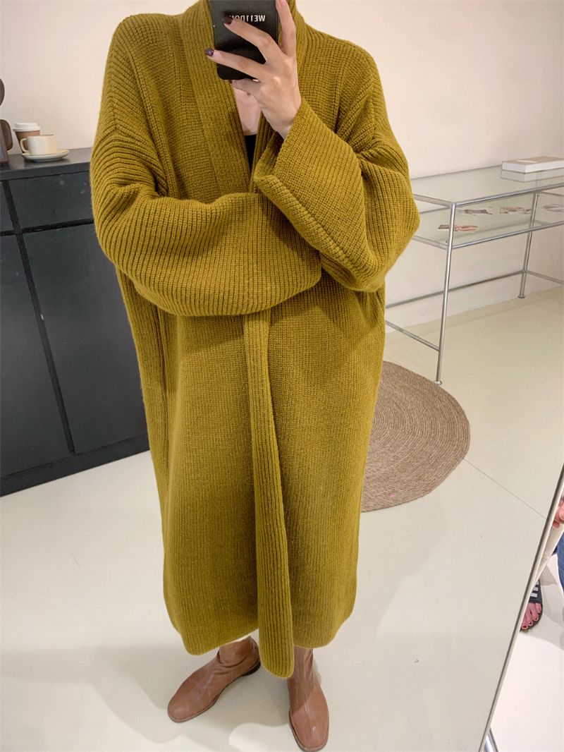 Dame Lang Sweater Frakke Løs Over Knæet Strikket Cardigan Fortykket