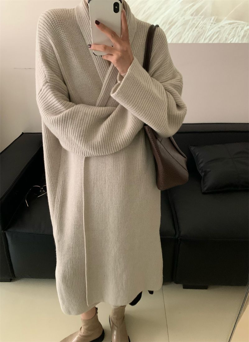 Dame Lang Sweater Frakke Løs Over Knæet Strikket Cardigan Fortykket
