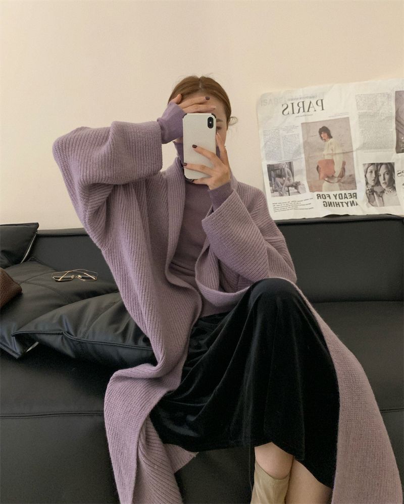 Dame Lang Sweater Frakke Løs Over Knæet Strikket Cardigan Fortykket