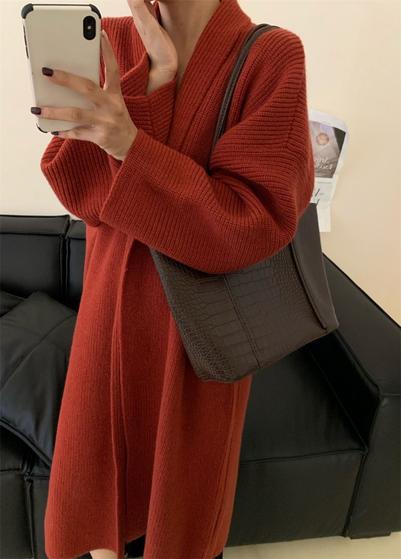 Dame Lang Sweater Frakke Løs Over Knæet Strikket Cardigan Fortykket