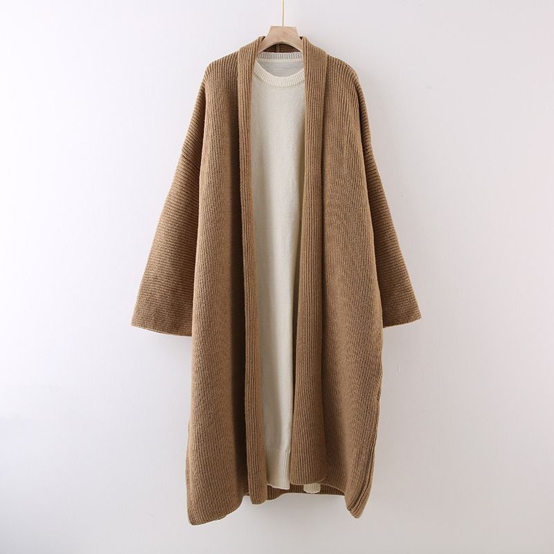 Dame Lang Sweater Frakke Løs Over Knæet Strikket Cardigan Fortykket