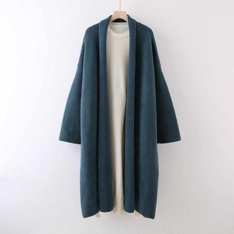 Dame Lang Sweater Frakke Løs Over Knæet Strikket Cardigan Fortykket
