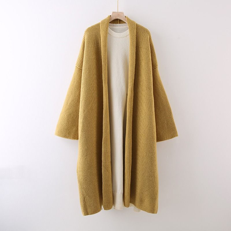 Dame Lang Sweater Frakke Løs Over Knæet Strikket Cardigan Fortykket