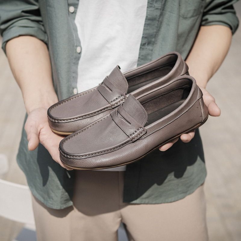 Enkeltlags Ægte Syninger I Læder Til Mænds Ærter Sko Slip-on Loafers Blødsålede Afslappede Køresko