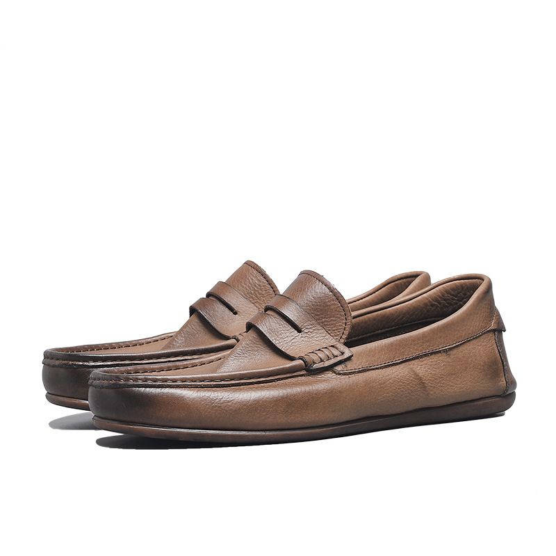 Enkeltlags Ægte Syninger I Læder Til Mænds Ærter Sko Slip-on Loafers Blødsålede Afslappede Køresko