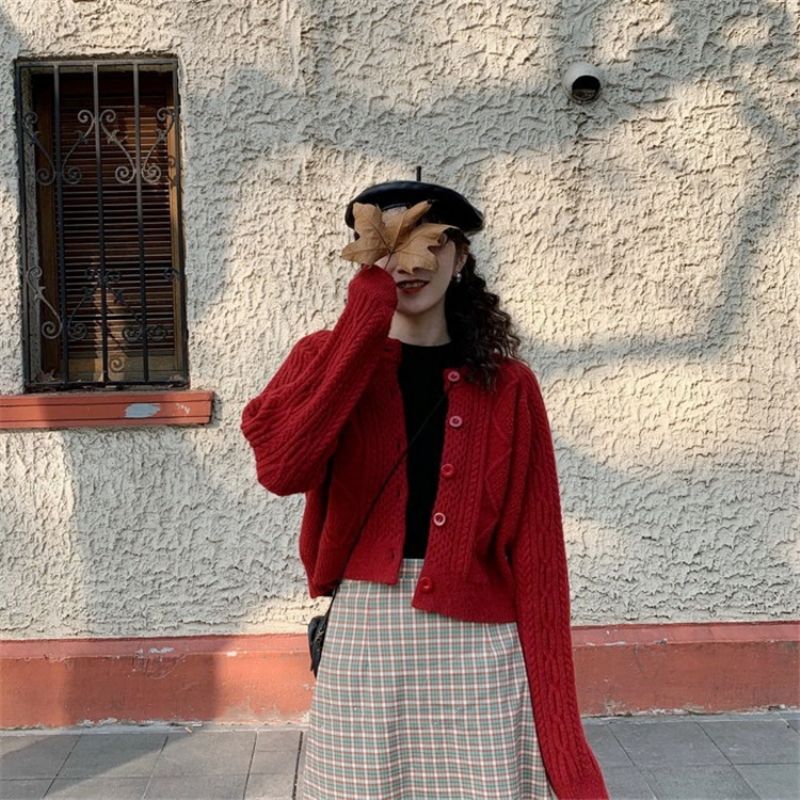 Fortykket Twist Sweater Cardigan Dame Kort Mode Løs Strikket Jakke Kvinder