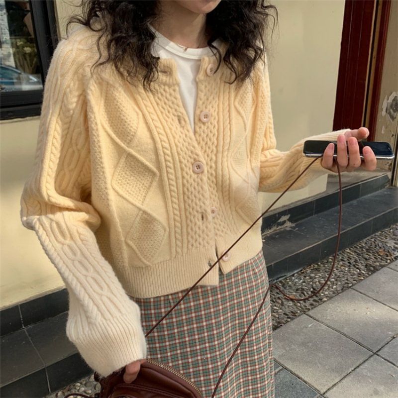 Fortykket Twist Sweater Cardigan Dame Kort Mode Løs Strikket Jakke Kvinder