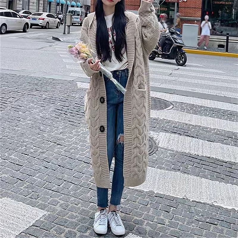 Hætte Mellemlængde Strikket Sweater Cardiganjakke Dame Løs Tykket Mode