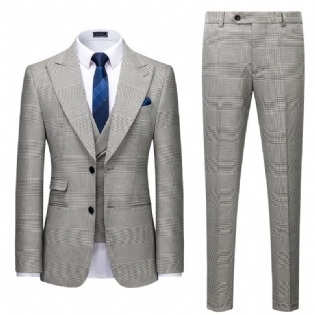 Herredragt Slim Business Casual Grå Plaid Tredelt Jakkesæt