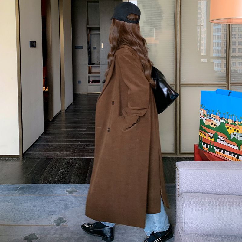 Karamel Retro Corduroy Windbreaker Dame Lang Længde Knæ Temperament Coat