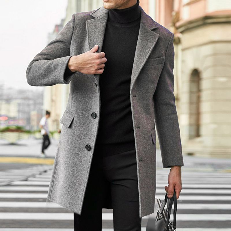 Mænd Lang Trench Coat Stand Krave Uldjakke