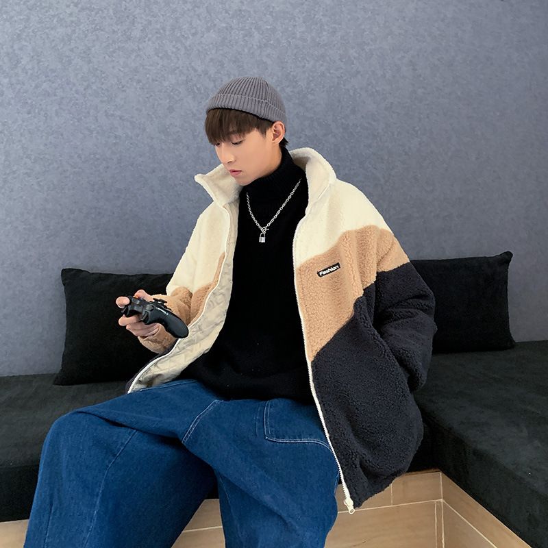 Mænds Overtøj Høj Krave Stand Polar Fleece Colorblock Fleecejakke