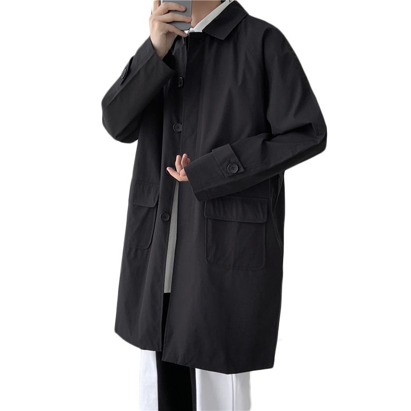 Mellemlang Windbreaker-jakke Løs Trendy Afslappet Jakke Til Mænd Ensfarvet