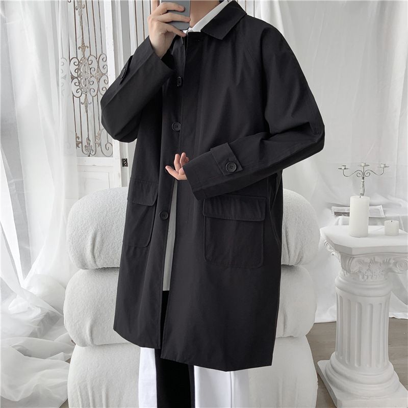 Mellemlang Windbreaker-jakke Løs Trendy Afslappet Jakke Til Mænd Ensfarvet