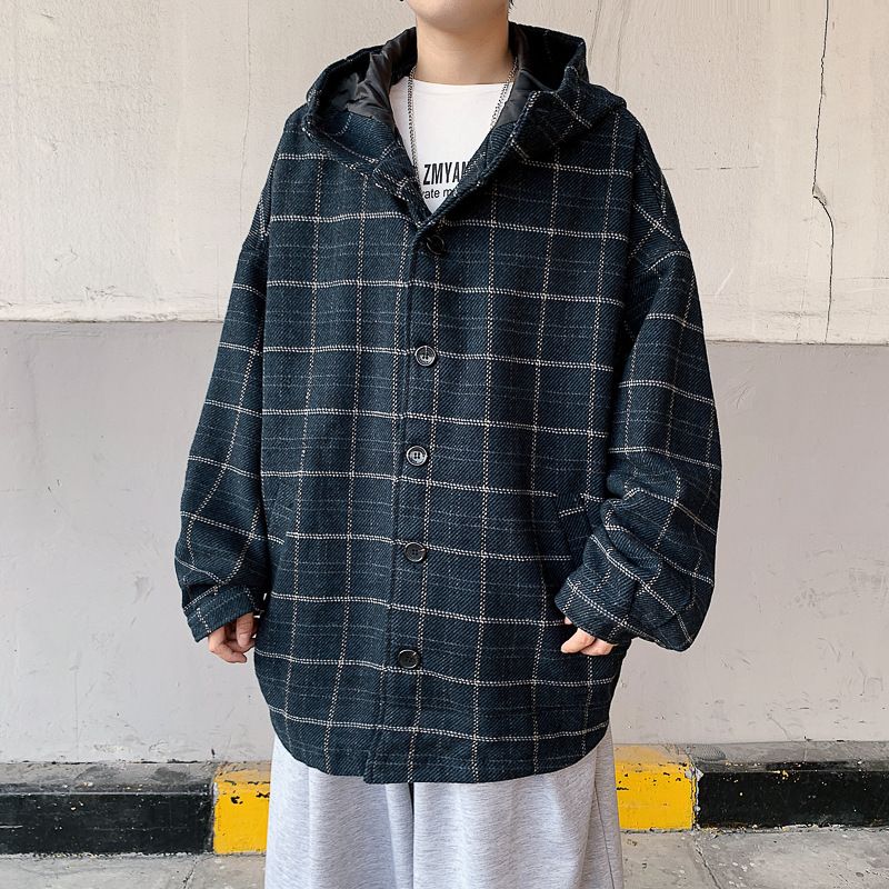 Plaid Uldjakke Mænd Trend Coat Stor Størrelse Hætte