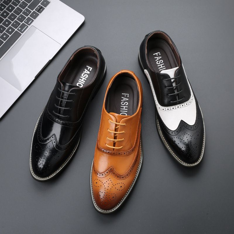 Ren Brogue Sko Udskåret Spidstå Kjole Sko Sorte Og Hvide Syninger Business Sko Mænds Store Størrelse Sko