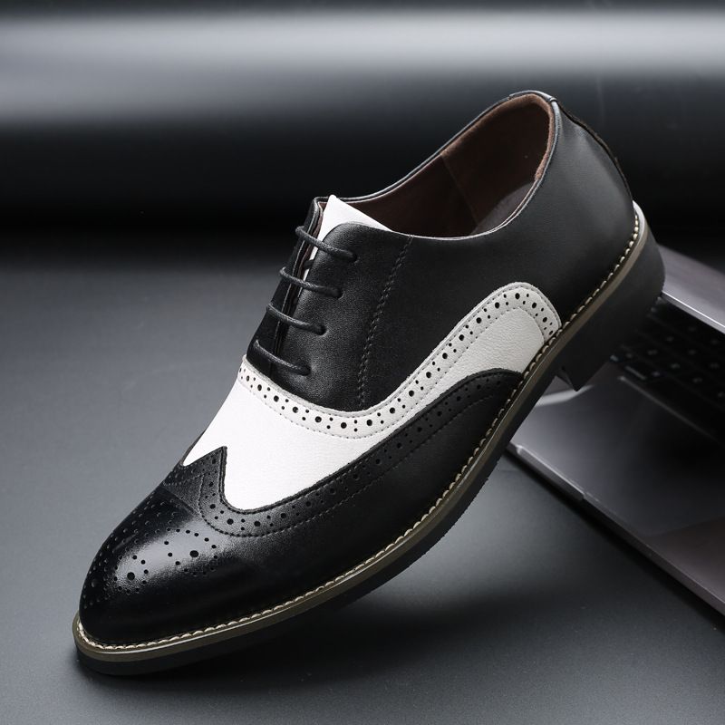 Ren Brogue Sko Udskåret Spidstå Kjole Sko Sorte Og Hvide Syninger Business Sko Mænds Store Størrelse Sko
