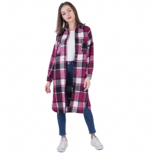 Reversfrakke Sideslids Slim Fit Lang Ternet Uldenfrakke Til Damer