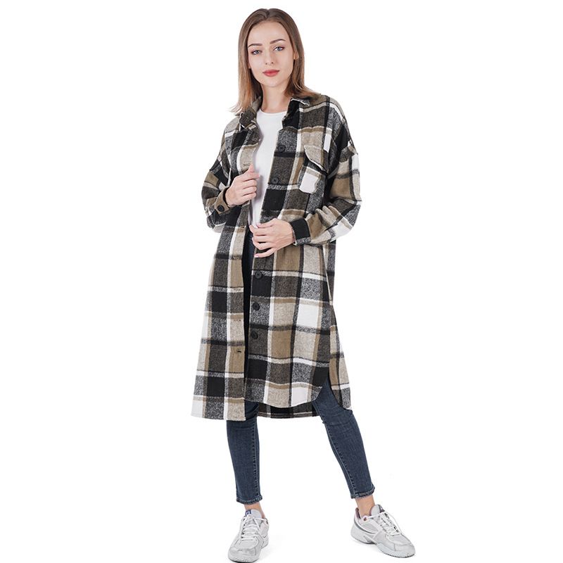 Reversfrakke Sideslids Slim Fit Lang Ternet Uldenfrakke Til Damer