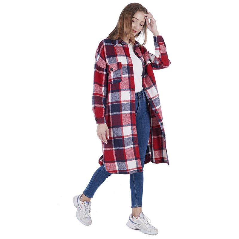 Reversfrakke Sideslids Slim Fit Lang Ternet Uldenfrakke Til Damer
