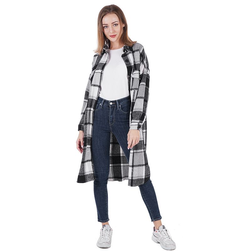 Reversfrakke Sideslids Slim Fit Lang Ternet Uldenfrakke Til Damer