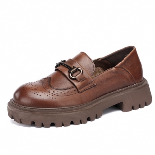 Spring Brogue Sko Små Flade Sko Med Metal Dekoration Tyk Hæl Okselæder Damesko Med Fire Årstider
