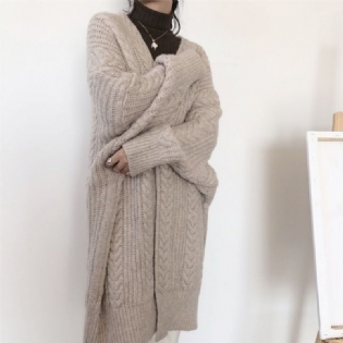 Strikket Cardigan Retro Sweaterjakke Til Kvinder Damemode Fortykket Løs Snoet Lang Sektion