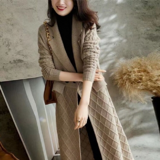 Strikket Jakke Sweater Dame Revers Cardigan Lang Løs Strik Ensfarve =