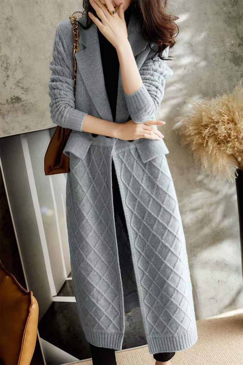 Strikket Jakke Sweater Dame Revers Cardigan Lang Løs Strik Ensfarve =
