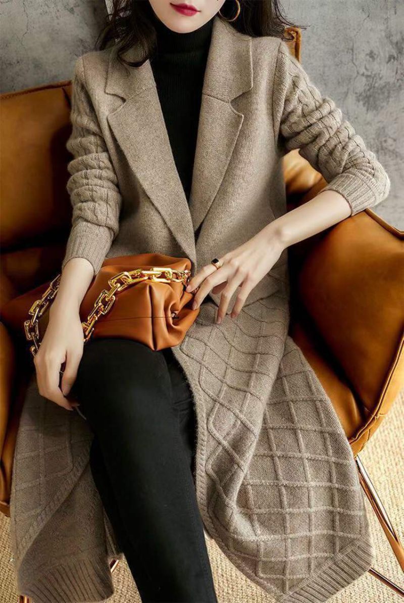 Strikket Jakke Sweater Dame Revers Cardigan Lang Løs Strik Ensfarve =