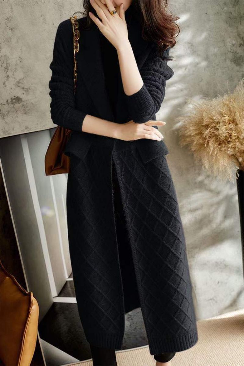 Strikket Jakke Sweater Dame Revers Cardigan Lang Løs Strik Ensfarve =