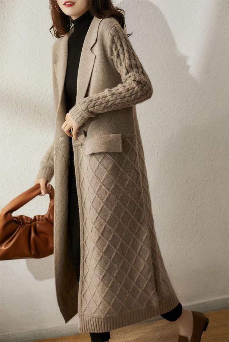 Strikket Jakke Sweater Dame Revers Cardigan Lang Løs Strik Ensfarve =
