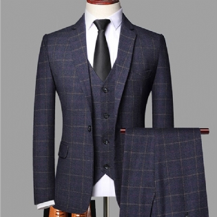 Tredelt Jakkesæt Herredragter Slim Fit Plaid Formel Kjole Afslappet Trend Brudgom Med Én Knap