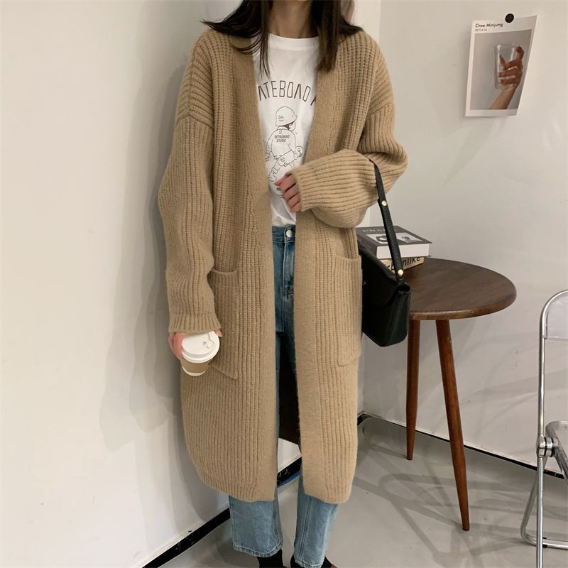 Tyk Mellemlang Strikket Cardigan Løs Sweater Frakke Til Damer