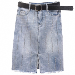 2023 Dame Denim Nederdel Hot Drill Front Slids Rå Kant Hofteomslag