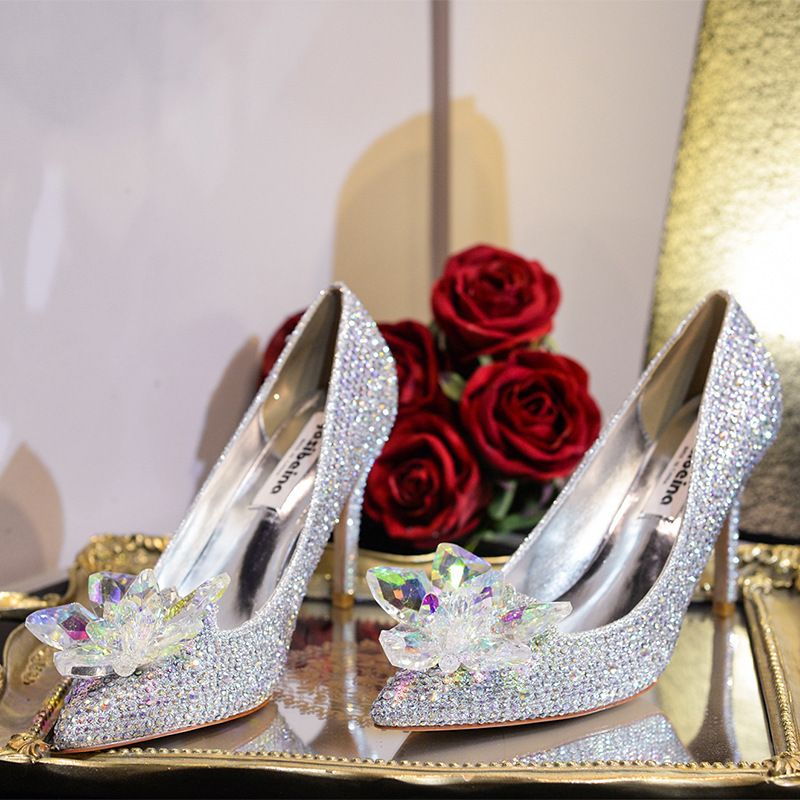 2023 Nye Krystalsko Spidstå Stilet Sexet Lavvandet Mund Kvinders Høje Hæle Dame Sølv Rhinestone Bryllupssko
