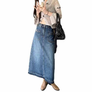 2023 Retro Højtaljet Denimnederdel Raw Edge Løs Mid Længde