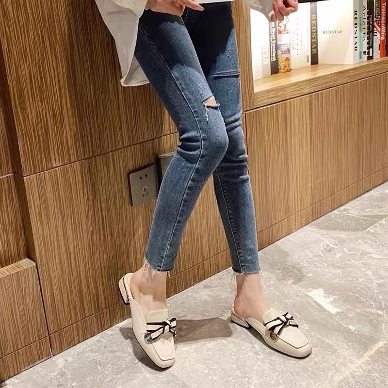Baotou Hjemmesko Kvinders Sommer Nye Bowknot Muller Sko Tyk Hæl Sandaler