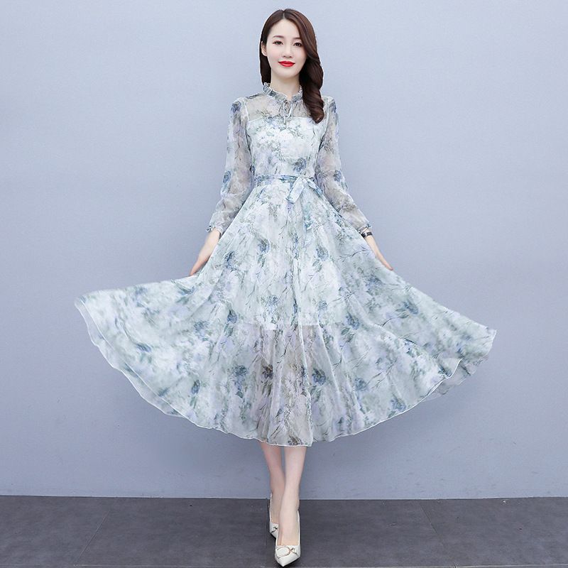 Blomstret Chiffon Langærmet Kjole Kvinders Store Swing Lang Temperament Nederdel Slim